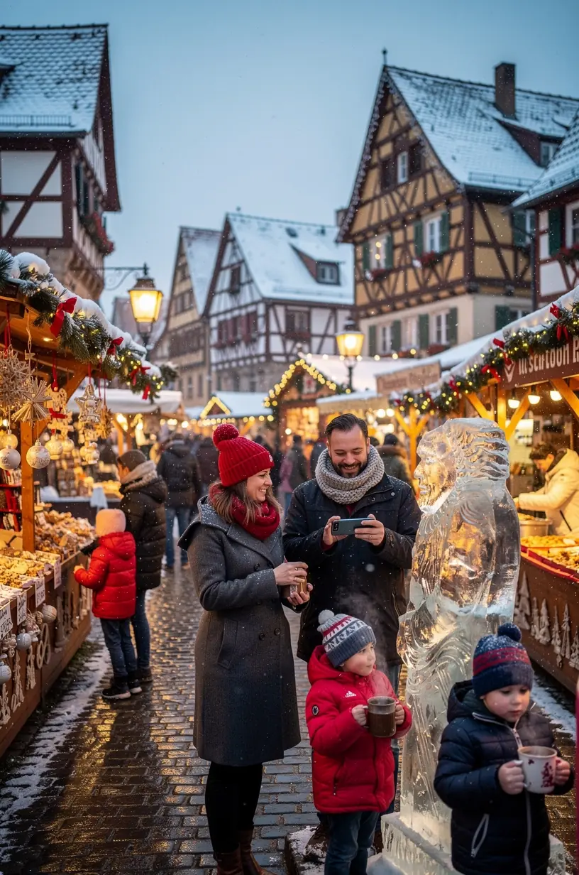 Sommerliche Biergarten-Szene mit Menschen, die traditionelles deutsches Essen und Getränke im Freien genießen.